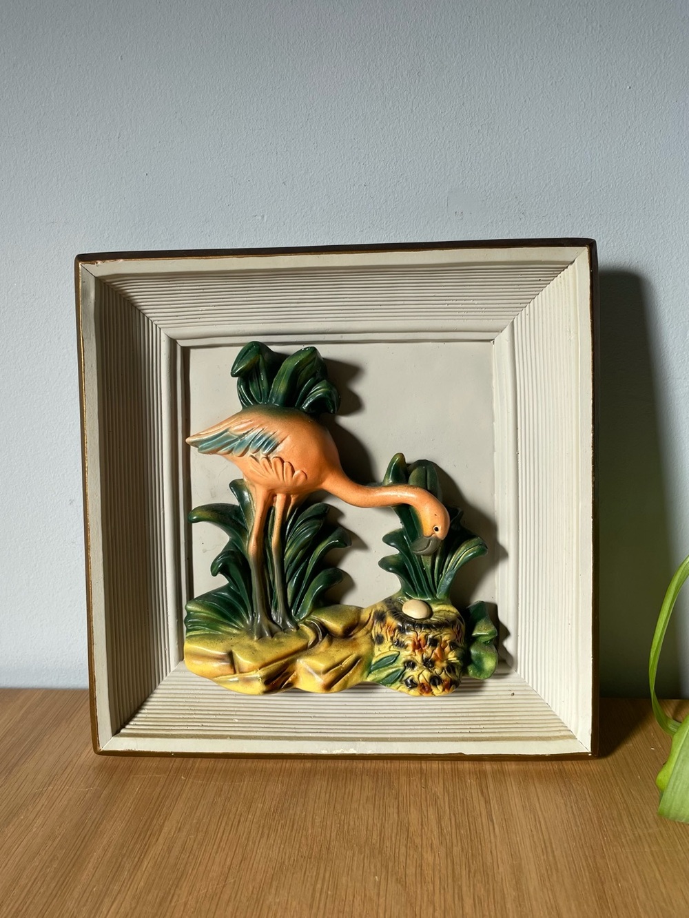 Vintage Mid-Century Chalkware Flamingo Wall Plaque Diorama 1950s Kitsch